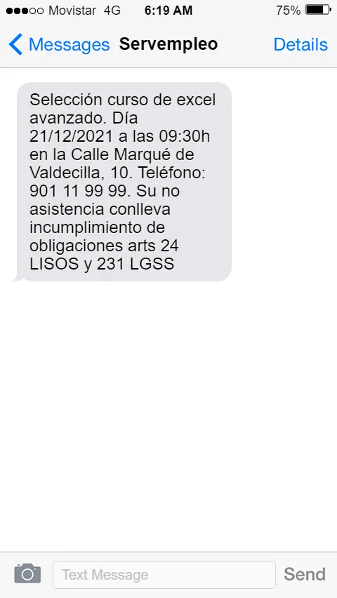 Ejemplo de SMS de texto de Servempleo en el que se requiere la asistencia obligatoria para seguir cobrando la prestación por desempleo.