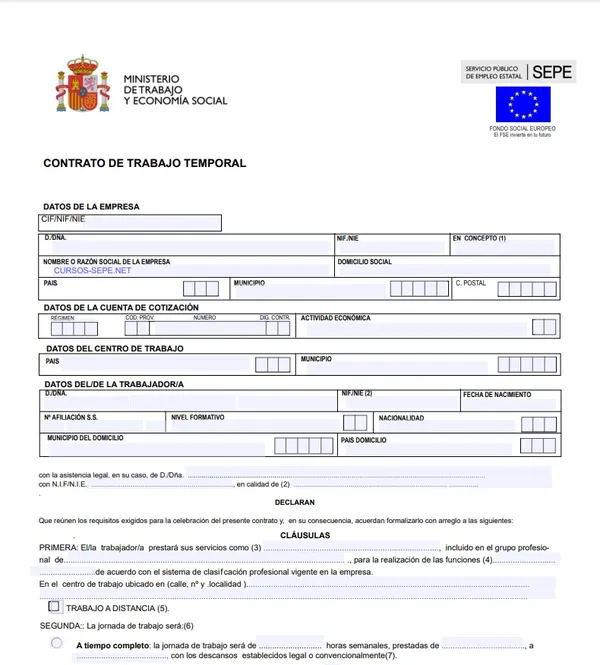 Ejemplo oficial de contrato temporal por obra y servicio en España.
