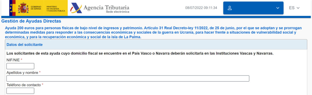 Captura del 1 paso del formulario de solicitud de la ayuda de 200 Euros ofrecida por el Gobierno de España.