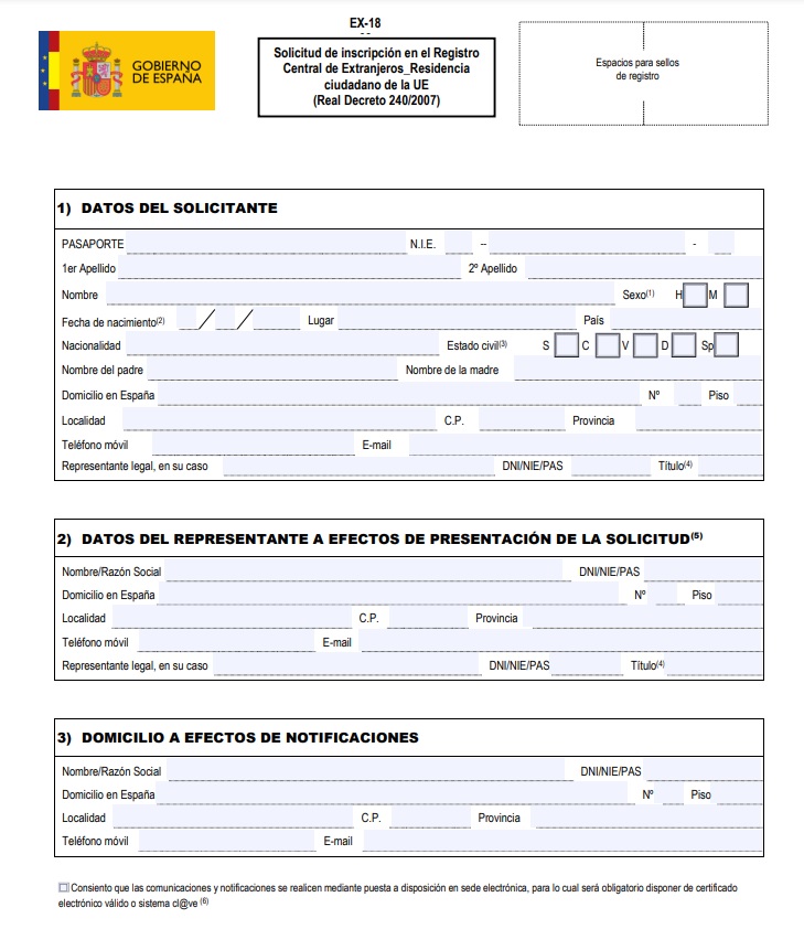 Plantilla ofial del documento EX-18 para la inscripción de inmigrantes residentes en la Unión Europea