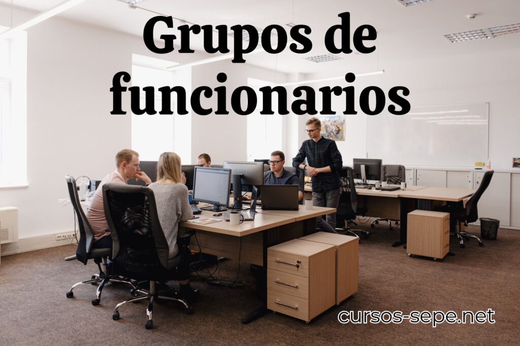 Grupo de funcionarios españoles trabajando en una oficina.