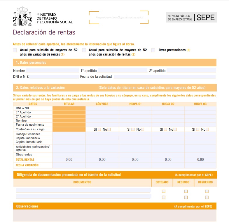 Ejemplo del formulario en pdf de la Declaración Anual de Rentas del SEPE