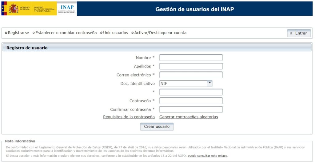Captura de pantalla del proceso de registro de los alumnos de los cursos del INAP