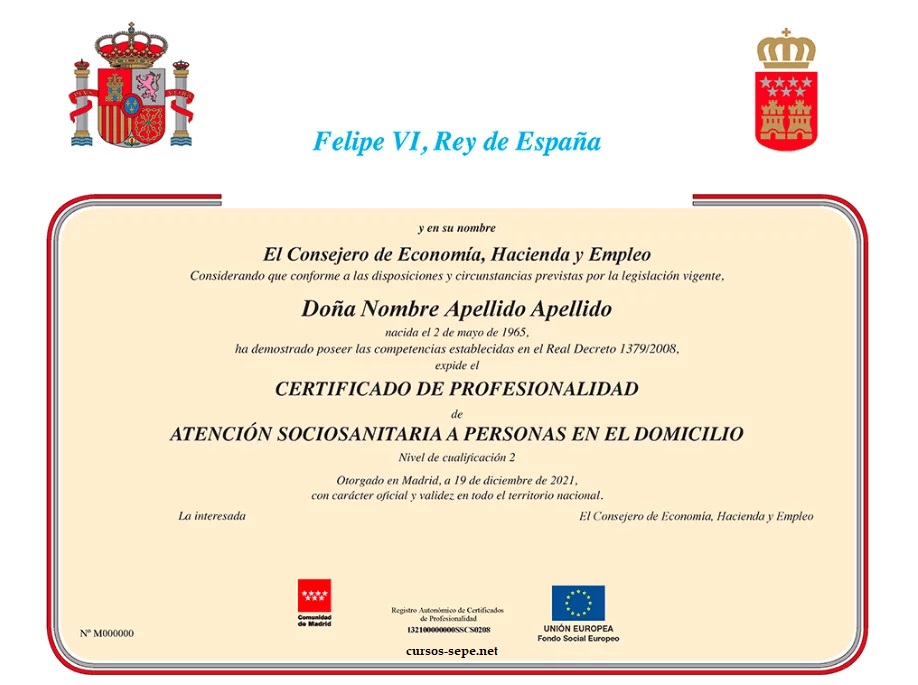 Ejemplo de Certificado de Profesionalidad oficial